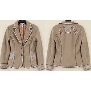 Calix Womens L Embroidered Cotton Blazer Jacket Western Boho Tan Fitted
